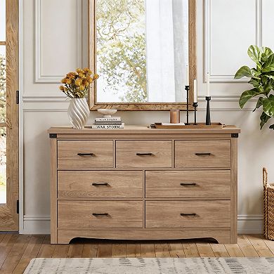7 Drawer Rustic Wooden Chest With Metal Handles For Hallway And Entryway Storage