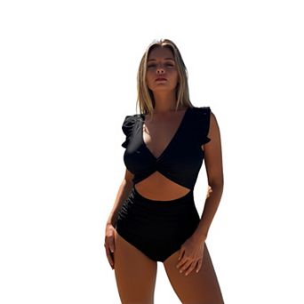 Women Swimsuit Ruffle Sleeve One Piece Swimsuit High Waist Deep V Cutout Tummy Control Suit