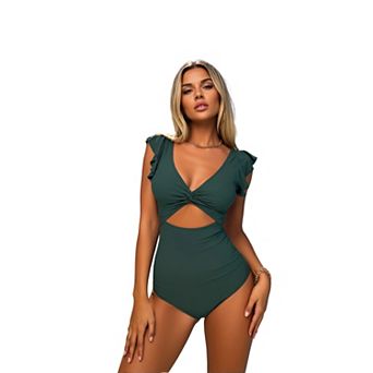 Women Swimsuit Ruffle Sleeve One Piece Swimsuit High Waist Deep V Cutout Tummy Control Suit