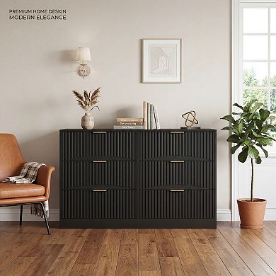 6 Drawer Wooden Dresser With Wavy Panel Structure For Living Room And Entryway Storage