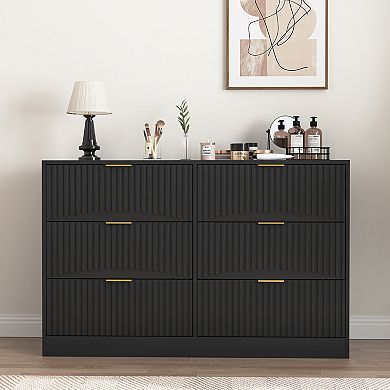 6 Drawer Wooden Dresser With Wavy Panel Structure For Living Room And Entryway Storage