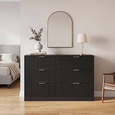 6 Drawer Wooden Dresser With Wavy Panel Structure For Living Room And Entryway Storage