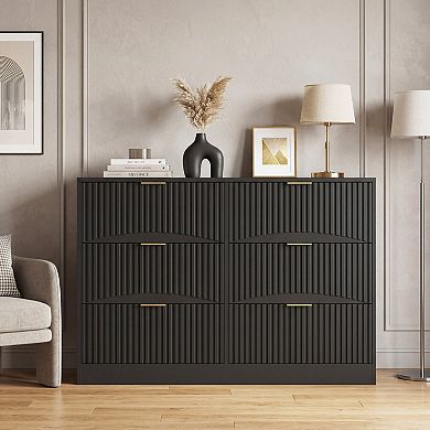 6 Drawer Wooden Dresser With Wavy Panel Structure For Living Room And Entryway Storage