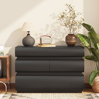 6 Drawer Wooden Dresser With Handle Free Structure For Compact Bedroom Storage