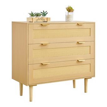 3 Drawer Rattan Chest With Wooden Legs For Bedroom Hallway And Daily Storage