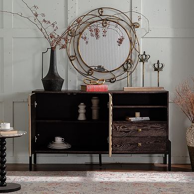 Geometric Sideboard Cabinet with Two Doors and Drawers for Dining Room Storage