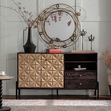 Geometric Sideboard Cabinet with Two Doors and Drawers for Dining Room Storage