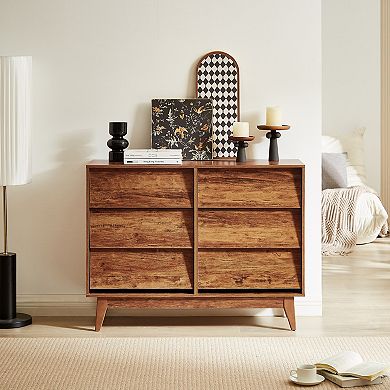 6 Drawer Double Wooden Chest With Bevel Details For Indoor Bedroom Organization