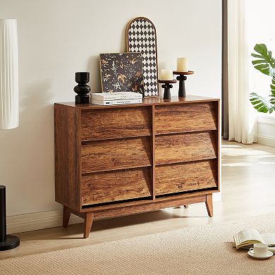 6 Drawer Double Wooden Chest With Bevel Details For Indoor Bedroom Organization