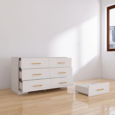 6 Drawer Large Wooden Chest With Golden Handles For Household Storage Use