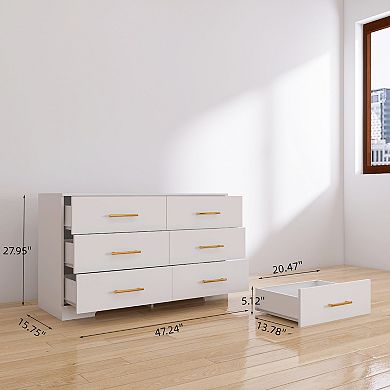 6 Drawer Large Wooden Chest With Golden Handles For Household Storage Use
