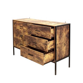 6 Drawer Industrial Double Dresser With Steel Frame For Bedroom Living Room Storage