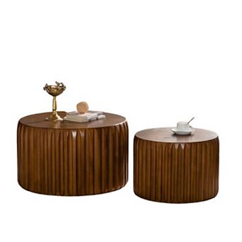 Fluted Round Nesting Coffee Table Set in Solid Wood for Small Living Spaces