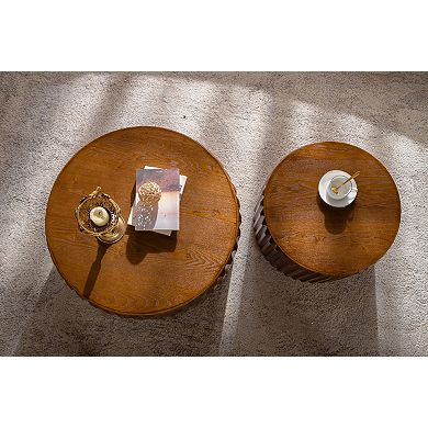 Fluted Round Nesting Coffee Table Set in Solid Wood for Small Living Spaces