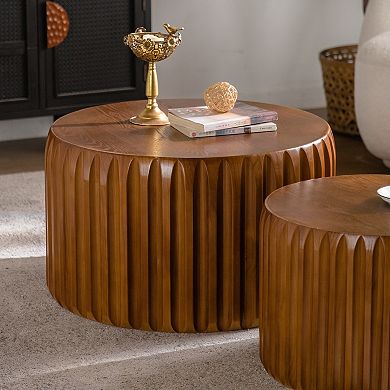 Fluted Round Nesting Coffee Table Set in Solid Wood for Small Living Spaces