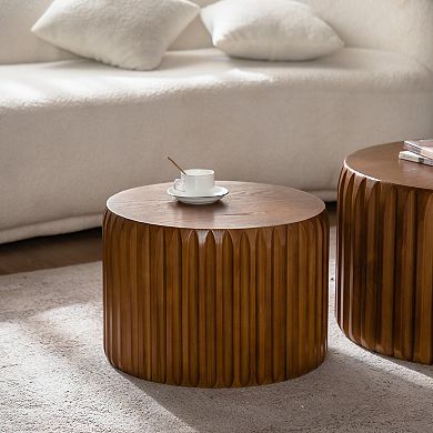 Fluted Round Nesting Coffee Table Set in Solid Wood for Small Living Spaces