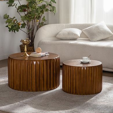 Fluted Round Nesting Coffee Table Set in Solid Wood for Small Living Spaces