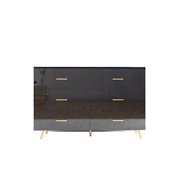 6 Drawer Wooden Vanity Chest With Golden Metal Legs For Indoor Bedroom Storage