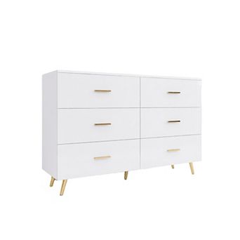 6 Drawer Wooden Vanity Chest With Golden Metal Legs For Indoor Bedroom Storage