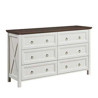6 Drawer Rustic Wide Wooden Dresser For Living Room And Household Storage Use