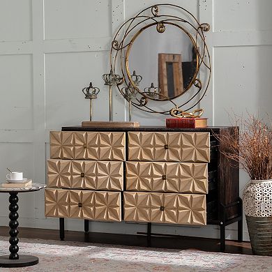Six Drawer Dresser with Geometric Diamond Pattern for Bedroom and Living Room