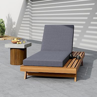 Patio Chaise Lounge Acacia Wood With Water-Resistant Cushions For Backyard Set