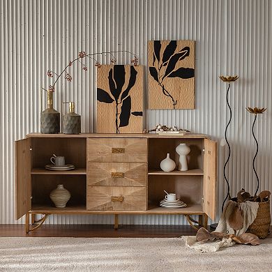 Geometric Relief Sideboard Buffet with Drawers and Doors for Dining Room