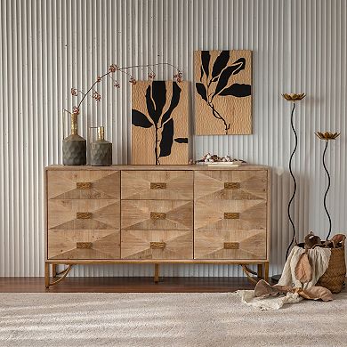 Geometric Relief Sideboard Buffet with Drawers and Doors for Dining Room