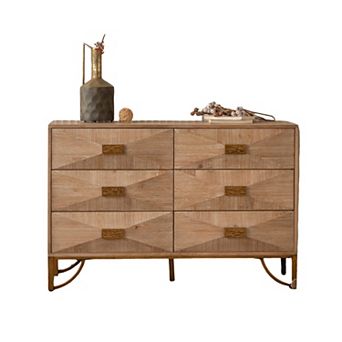 Geometric Relief Six Drawer Dresser with Metal Legs for Bedroom Storage
