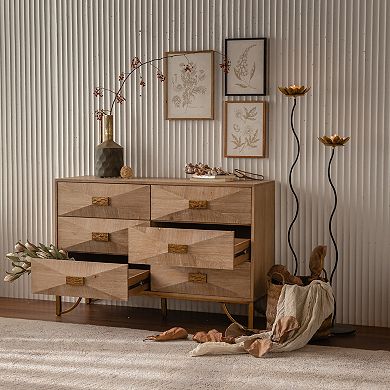 Geometric Relief Six Drawer Dresser with Metal Legs for Bedroom Storage