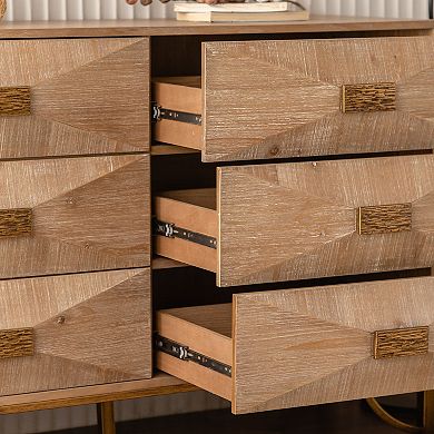 Geometric Relief Six Drawer Dresser with Metal Legs for Bedroom Storage