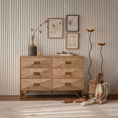Geometric Relief Six Drawer Dresser with Metal Legs for Bedroom Storage