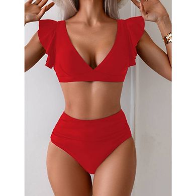 Women's Ruffle Sleeve 2-Piece Swimsuit V Neck High Waisted Bikini Set with Ruched High Rise Bottoms