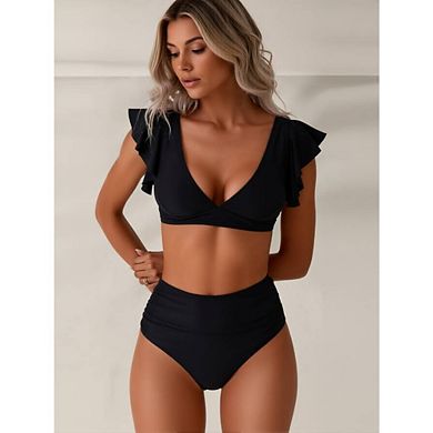 Women's Ruffle Sleeve 2-Piece Swimsuit V Neck High Waisted Bikini Set with Ruched High Rise Bottoms
