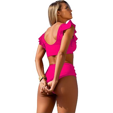 Women's Ruffle Sleeve 2-Piece Swimsuit V Neck High Waisted Bikini Set with Ruched High Rise Bottoms