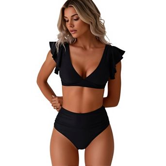 Women's Ruffle Sleeve 2 pc Swimsuit V Neck High Waisted Bikini Set with Ruched High Rise Bottoms