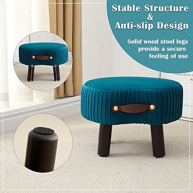 Velvet Small Footstool Ottoman, Padded Seat, Wood Legs, Portable