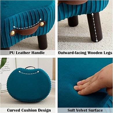 Velvet Small Footstool Ottoman, Padded Seat, Wood Legs, Portable