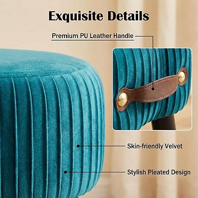 Velvet Small Footstool Ottoman, Padded Seat, Wood Legs, Portable