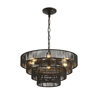 Hemp Rope Tiered Chandelier with Natural Texture for Dining Room and Foyer