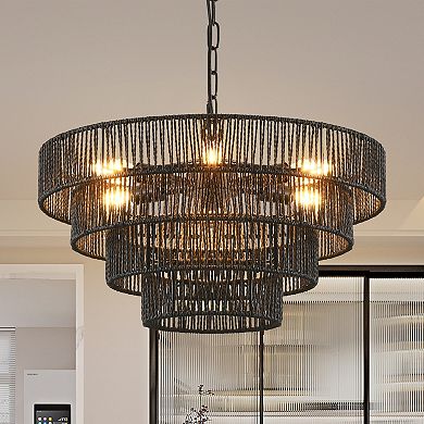 Hemp Rope Tiered Chandelier with Natural Texture for Dining Room and Foyer