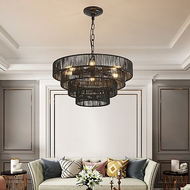 Hemp Rope Tiered Chandelier with Natural Texture for Dining Room and Foyer