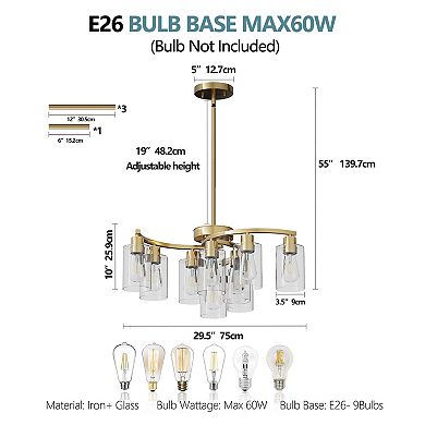 Clear Glass Chandelier with Multi Bulb Design for Dining Room and Kitchen Island