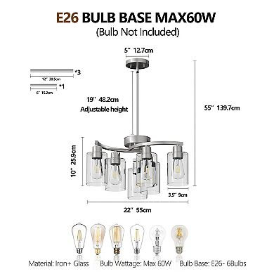Clear Glass Chandelier with Industrial Metal Hardware for Kitchen and Bedroom