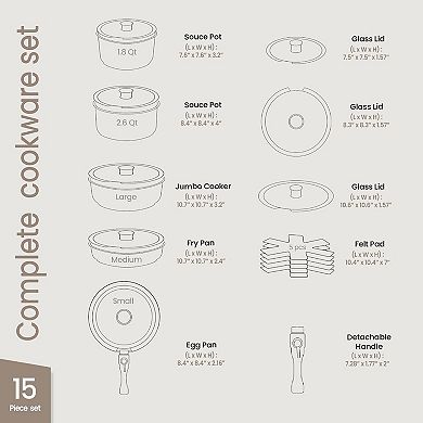 15-Piece Ceramic Granite Nonstick Cookware Set with Detachable Handles