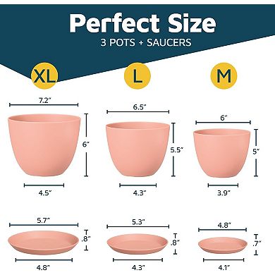 Plant Pots with Drainage Saucers Stackable Indoor Outdoor Planters Durable Weatherproof Pack of 3