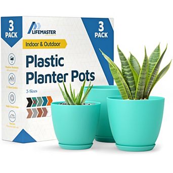 Plant Pots with Drainage Saucers Stackable Indoor Outdoor Planters Durable Weatherproof Pack of 3