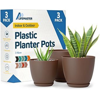 Plant Pots with Drainage Saucers Stackable Indoor Outdoor Planters Durable Weatherproof Pack of 3