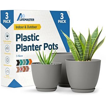 Plant Pots with Drainage Saucers Stackable Indoor Outdoor Planters Durable Weatherproof Pack of 3