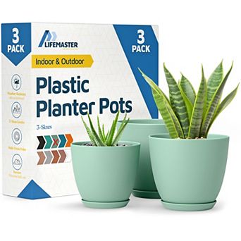 Plant Pots with Drainage Saucers Stackable Indoor Outdoor Planters Durable Weatherproof Pack of 3